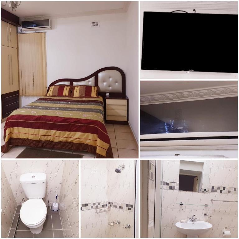 a collage of pictures of a bedroom with a bed and a tv at Angela's Place in Durban