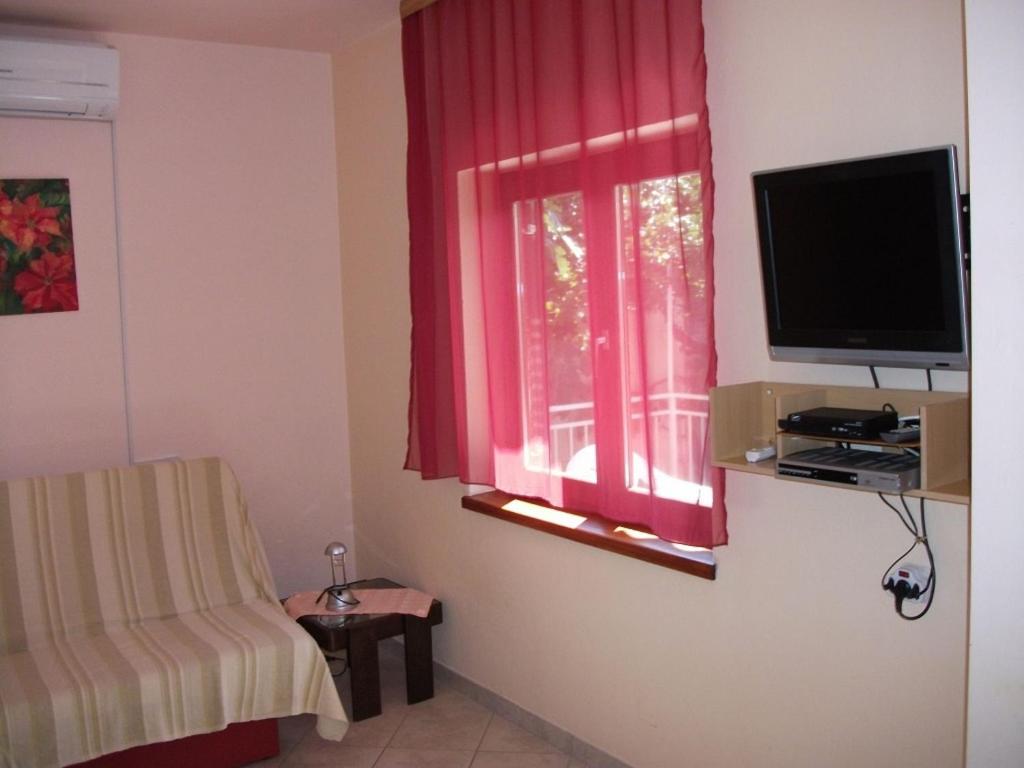 a living room with a tv and a window at Apartment Dusko - free parking in Gornji Karin