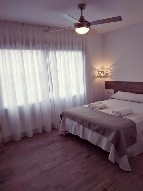 a bedroom with a bed and a ceiling fan at Alojamientos 4nudos in San José
