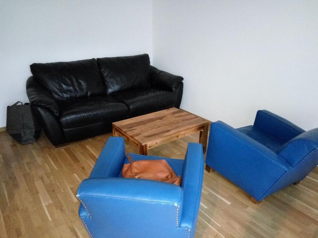ein Wohnzimmer mit zwei blauen Stühlen und einem Sofa in der Unterkunft Appartement 2 pieces 40 m2, dans hyper centre, avec piscine au rez de chaussee in Grenoble