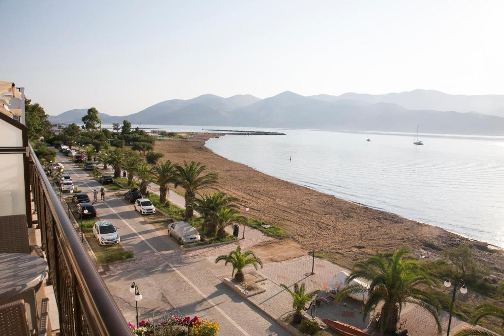 a view of a beach with palm trees and the water at Zoi Studios in Lixouri