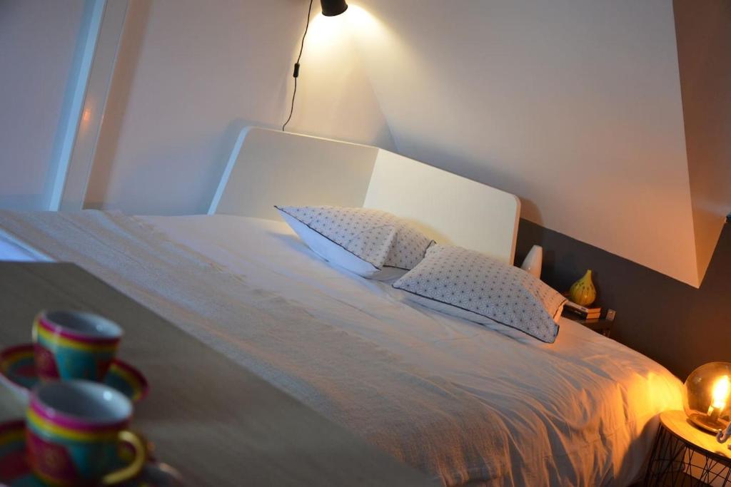 un lit avec deux oreillers dessus dans une chambre dans l'établissement QUARTIER HISTORIQUE Studio tout confort, à Blois