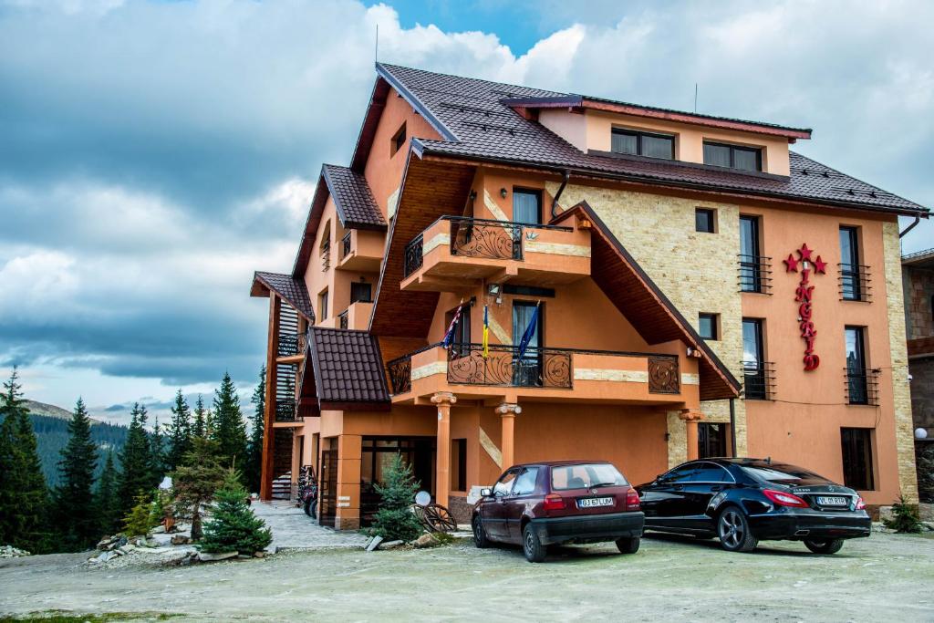 a building with two cars parked in front of it at Pensiunea Ingrid in Ranca