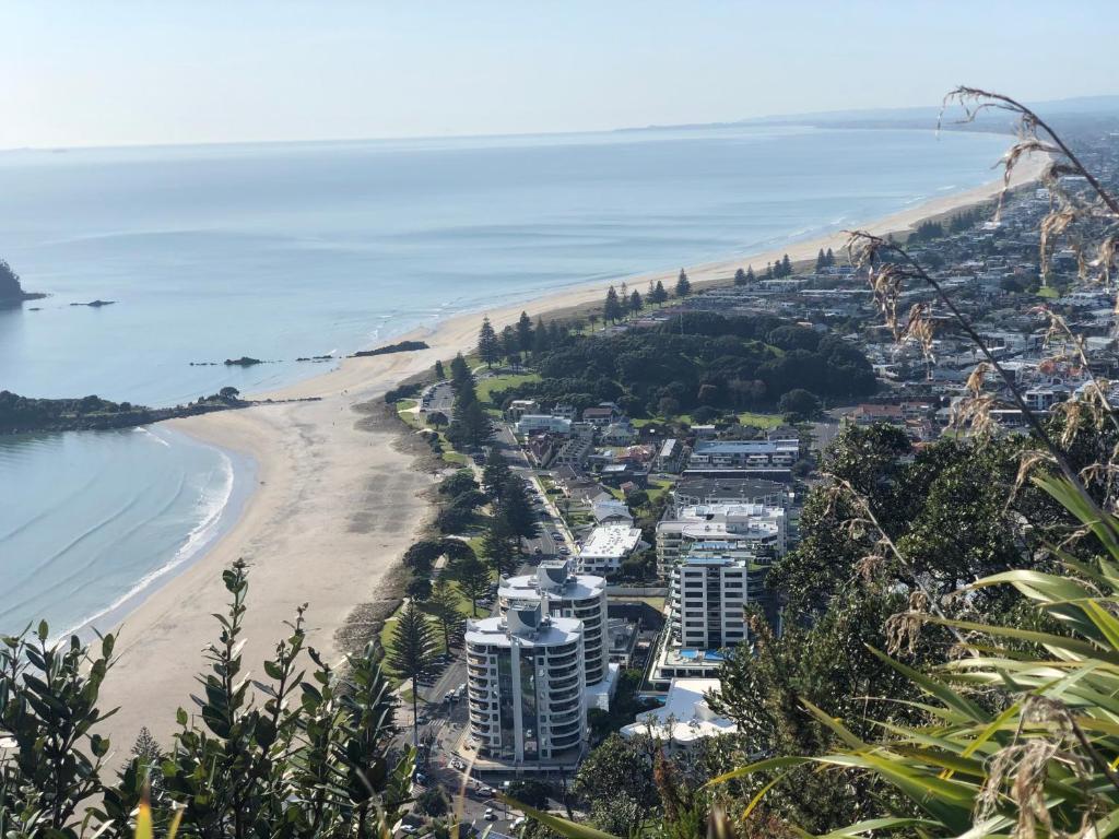 an aerial view of a beach and buildings at Oceanside Apartment in Mount Maunganui