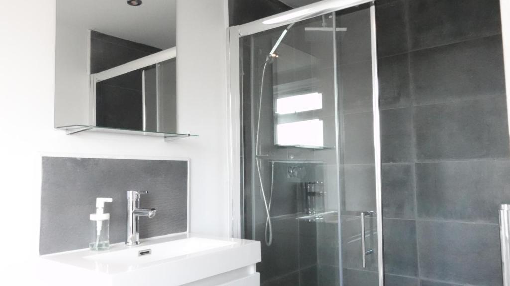 a bathroom with a shower and a sink and a mirror at Grand Airport Ensuites in Harmondsworth