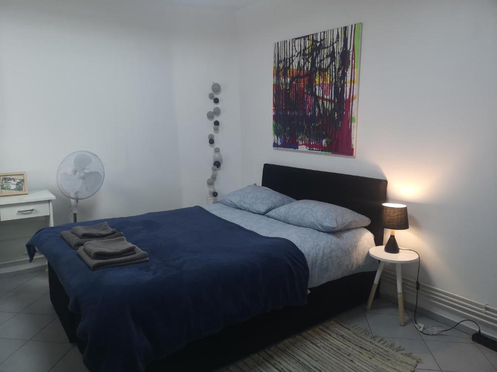 1 dormitorio con 1 cama con edredón azul en Casa Miron Unirii 3Strada Matei Corvin Apartament en Timisoara