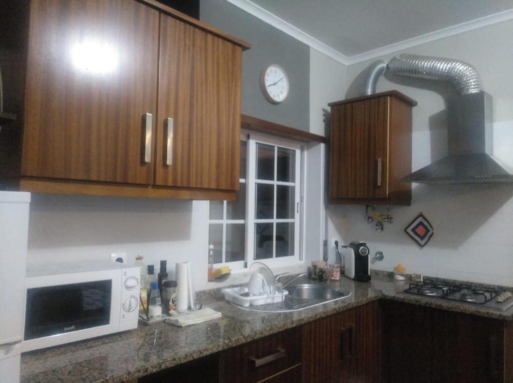 a kitchen with wooden cabinets and a sink and a microwave at Casa Vaz 2 in Grândola