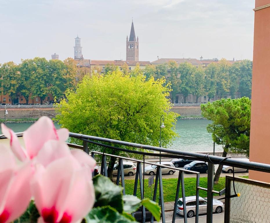 eine rosa Blume auf einem Balkon mit Flussblick in der Unterkunft RiverView Luxury flat in Verona