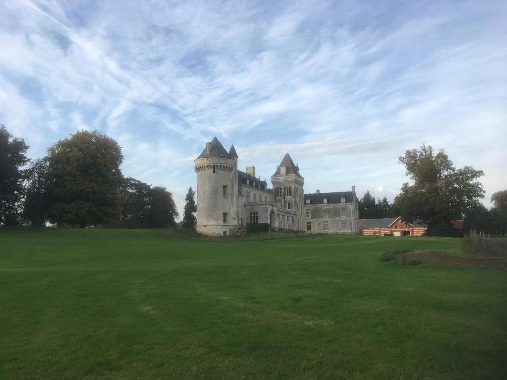 ein altes Schloss auf einem grünen Feld mit Bäumen in der Unterkunft Château de Villers-Châtel in Villers-Châtel