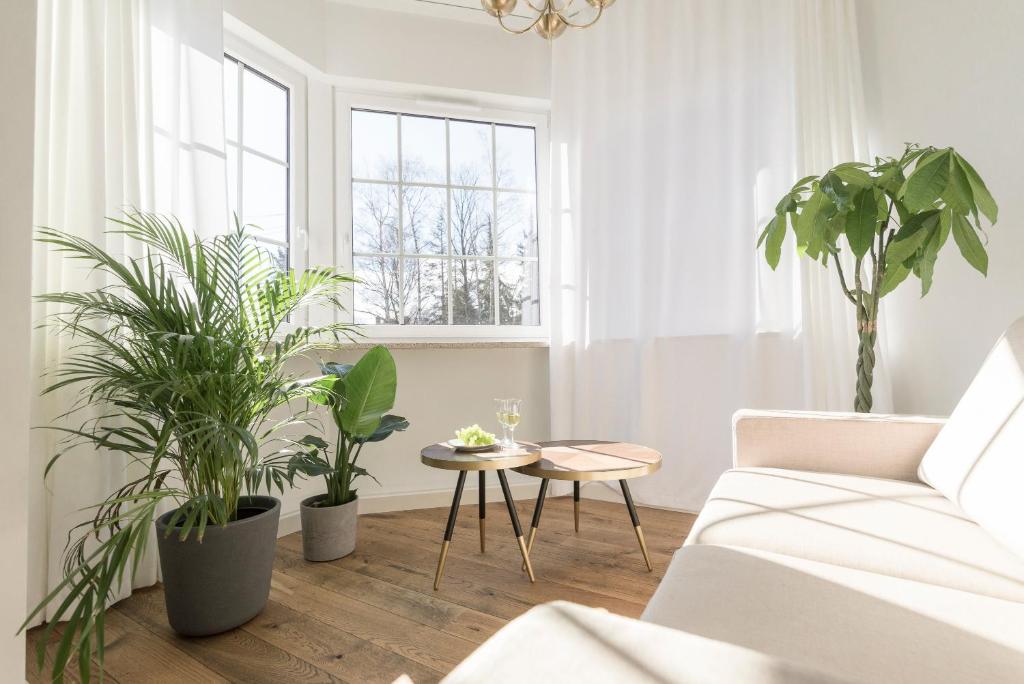 sala de estar con plantas y sofá blanco en Kolorowe Pola Boutique B&B en Polanica-Zdrój