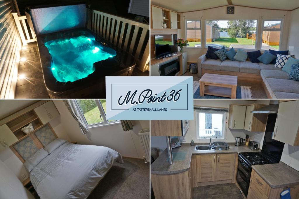 een collage van foto's van een tiny house bij MPoint36 at Tattershall Lakes Hot Tub Lake Views 3 Bedrooms in Tattershall