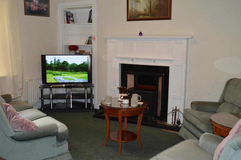 鄧弗姆林的住宿－Carnegie Holiday Cottage，一间带电视和壁炉的客厅