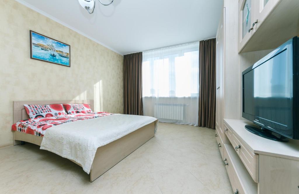 Schlafzimmer mit einem Bett und einem Flachbild-TV in der Unterkunft Прекрасная однокомнатная квартира с чудесным видом из окна in Kiew