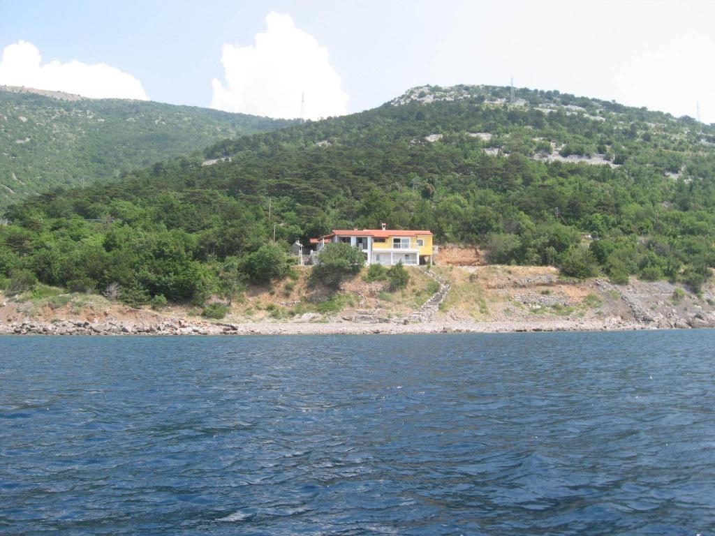 a house on a hill next to a body of water at Apartments Turina in Sveti Juraj