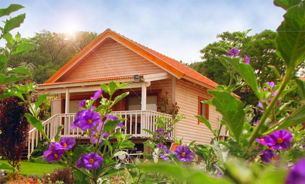 a house with a porch and flowers in front of it at The Beautiful Cabins in Rosh Pinna