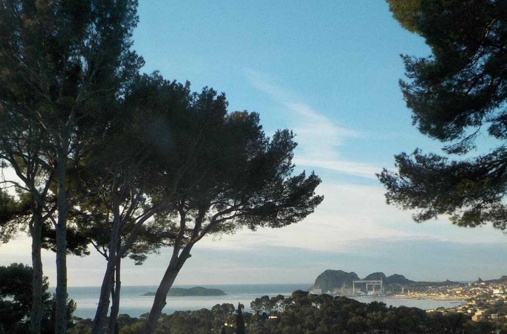 a view of the ocean from between trees at FRAROCKA B and B in La Ciotat