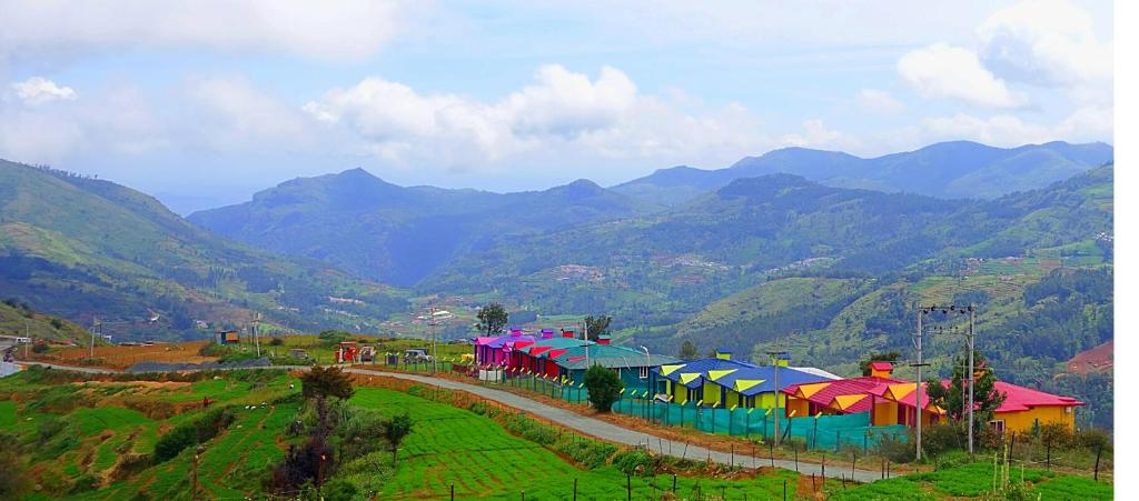 a group of colorful umbrellas on a hill with mountains at The Bowers Chalet in Ooty