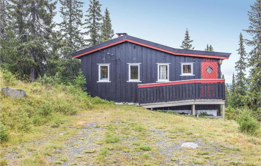 a black cabin on a hill with a red roof at Stunning Home In Sjusjen With Kitchen in Sjusjøen