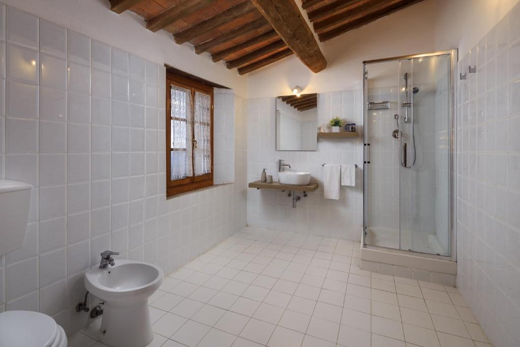 łazienka z prysznicem, toaletą i umywalką w obiekcie Borgo Cortinova Marrocco w mieście Rapolano Terme