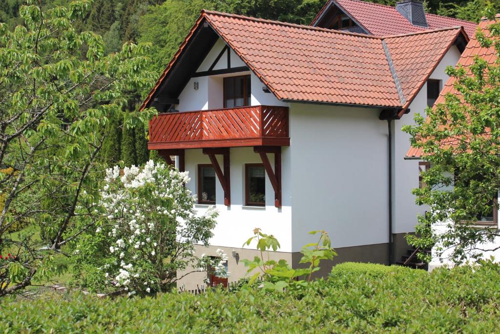 Casa blanca con techo rojo en Ferienwohnung Nüssleshof, en Fambach