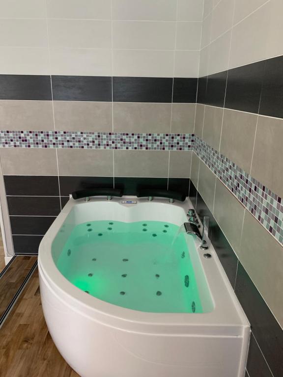 a bath tub filled with green water in a bathroom at Les appartements d'Au Coin Du Spa in Boulogne-sur-Mer