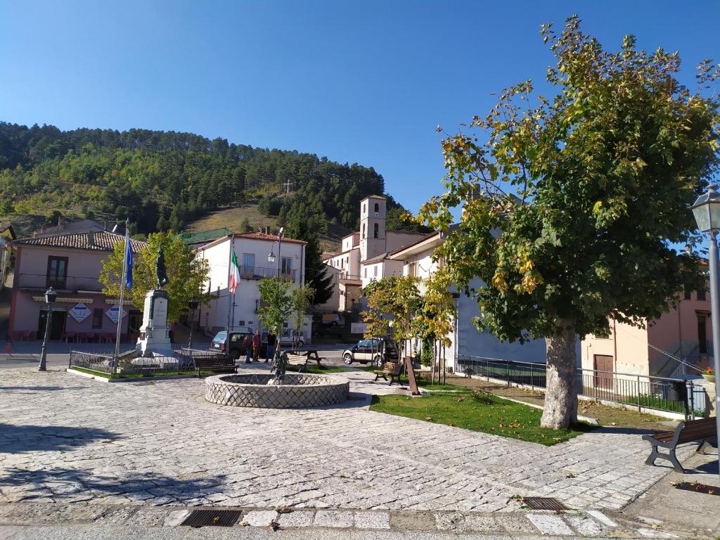 a street in a town with a tree and buildings at Casa Violina in San Pietro Avellana