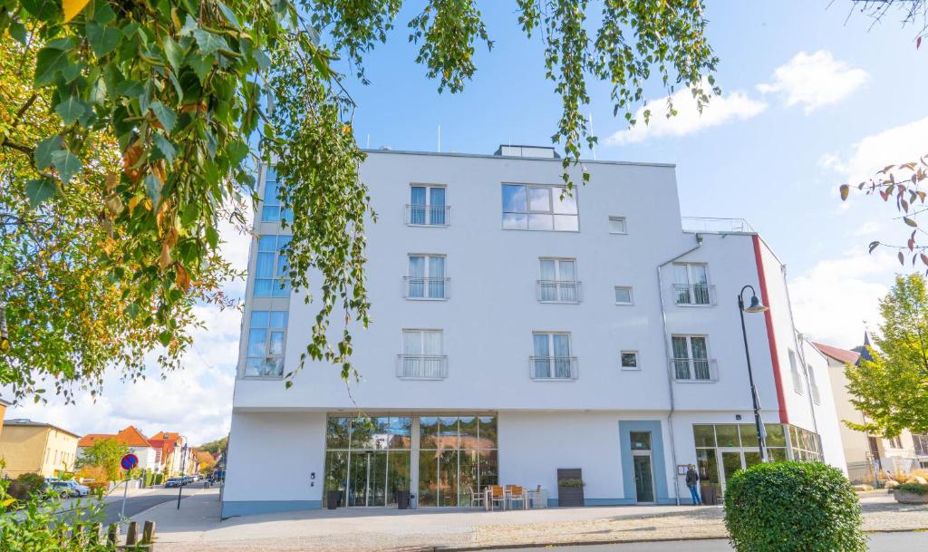 a white building with glass windows at Mythenresort Heimdall in Thale