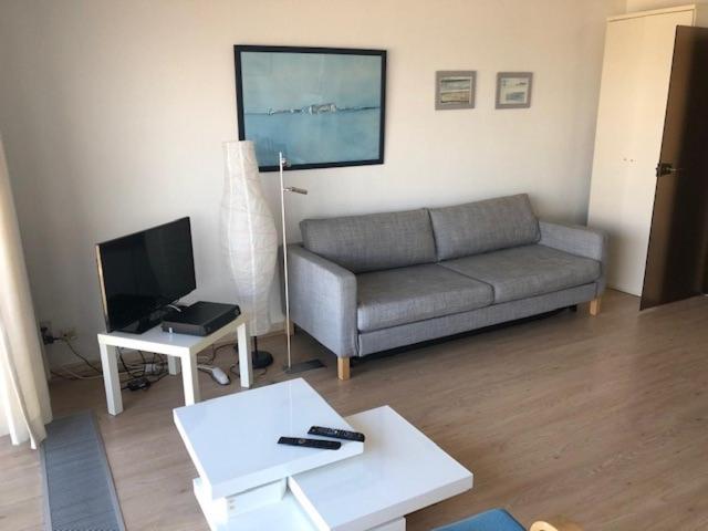 een woonkamer met een bank en een tv bij Vierboute 604 in Nieuwpoort