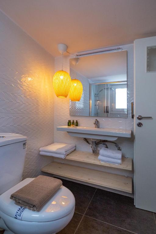 W łazience znajduje się toaleta, umywalka i lustro. w obiekcie Demetra - Koukaki center apartment w Atenach