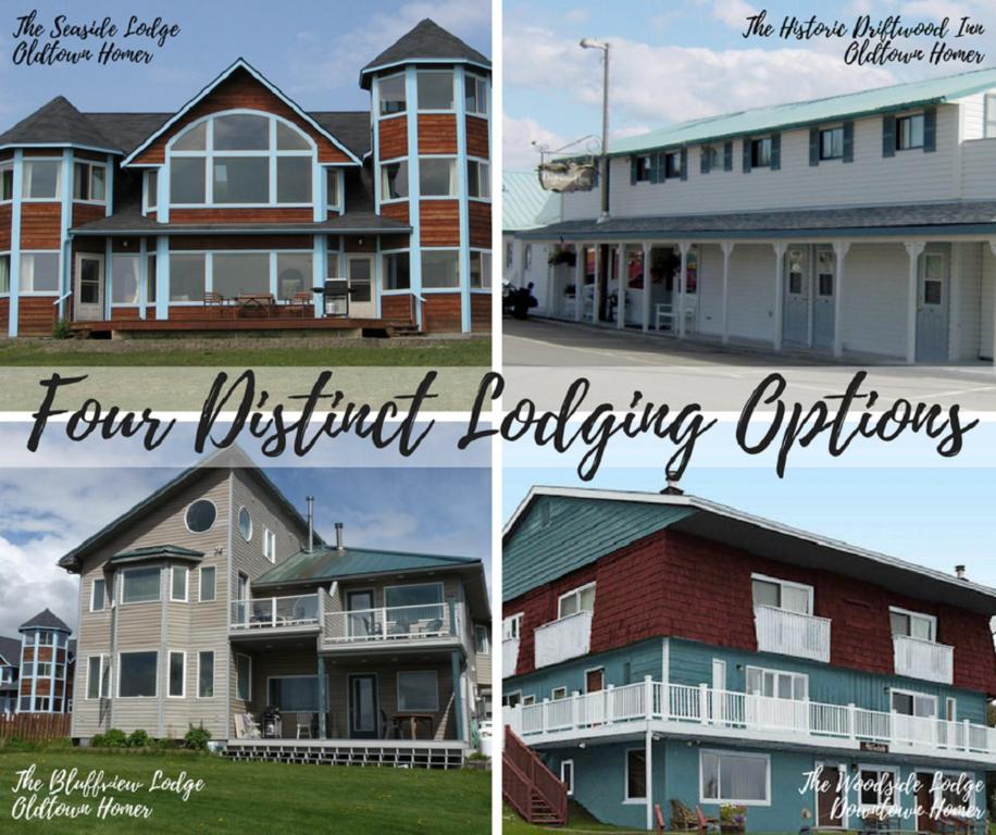 four different types of houses in four different locations at Driftwood Inn in Homer