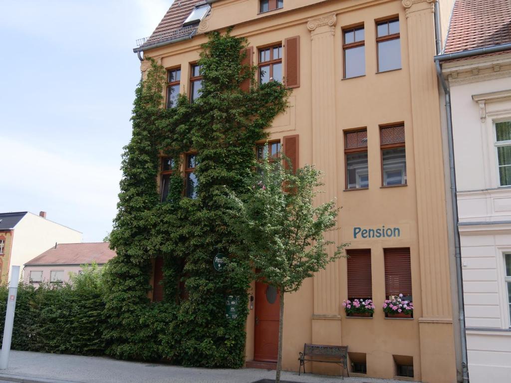 Ein Gebäude mit einem Baum, der seitlich heranwächst. in der Unterkunft Pension La rose in Brandenburg an der Havel