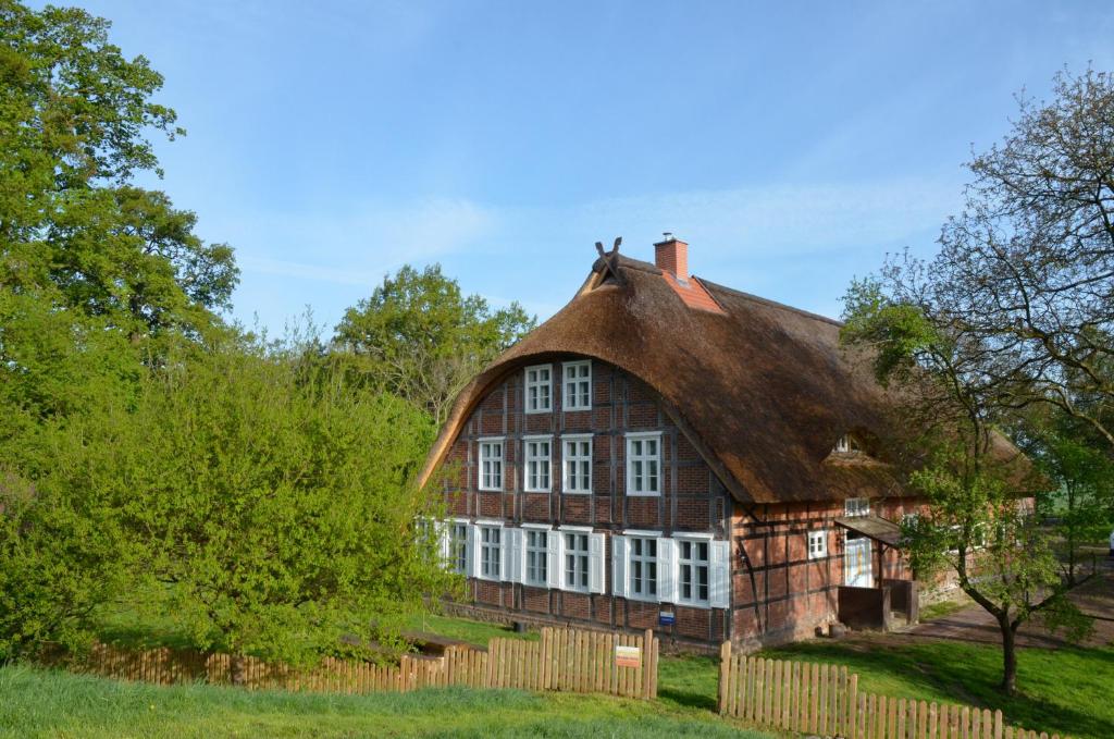 Deichkind - Reetdachhaus direkt am Elbdeich في Mödlich: منزل بني كبير مع سقف من القش