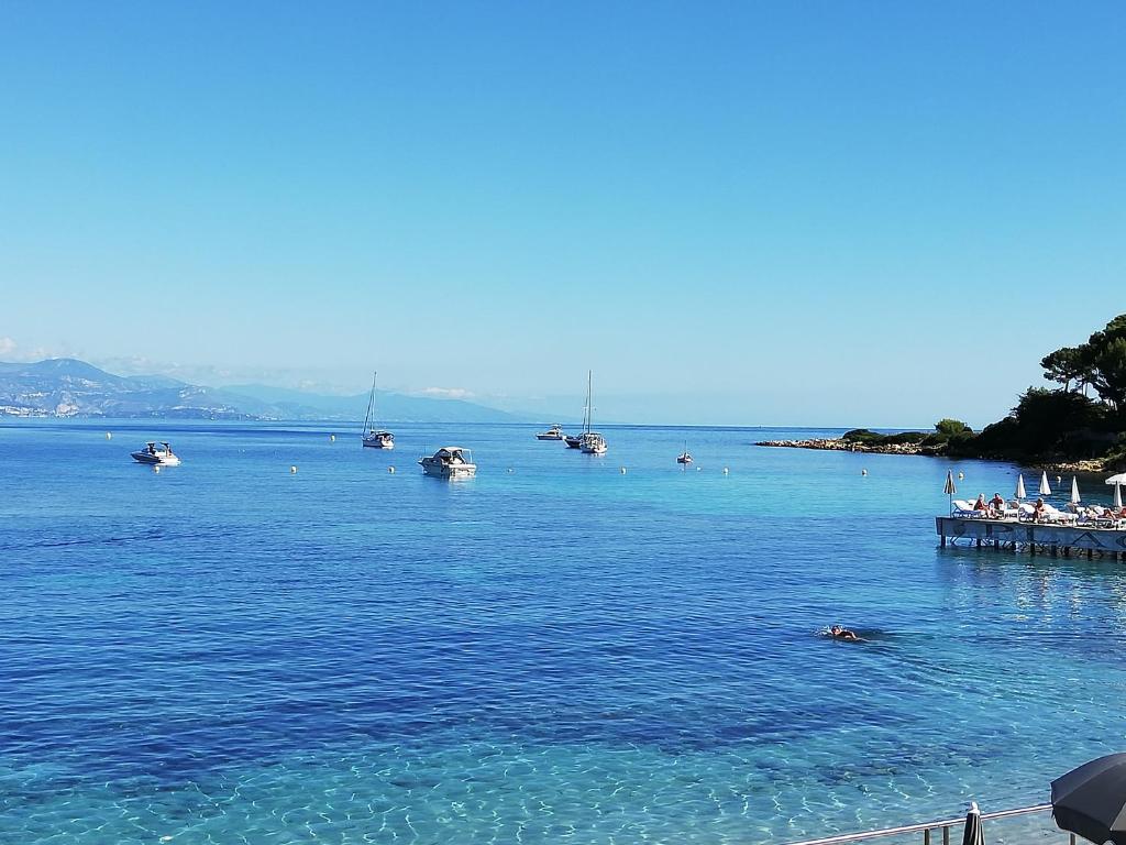 a large body of water with boats in it at Hotel Miramar- Cap d'Antibes - La Garoupe plage in Antibes
