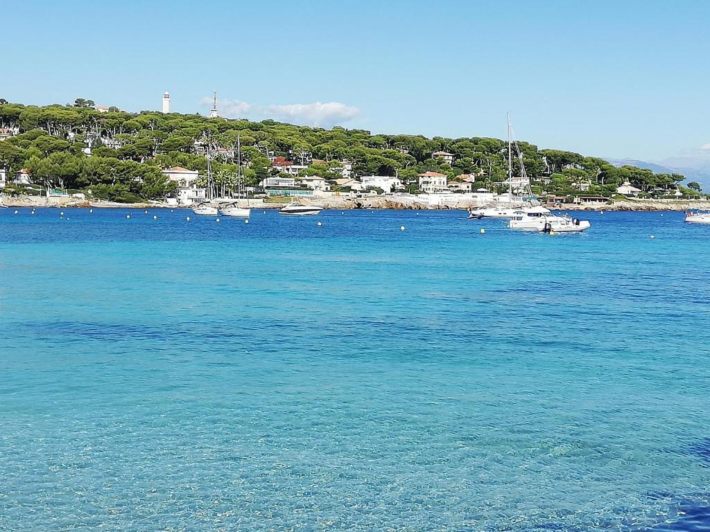 a large body of water with boats in it at Hotel Miramar- Cap d'Antibes - La Garoupe plage in Antibes