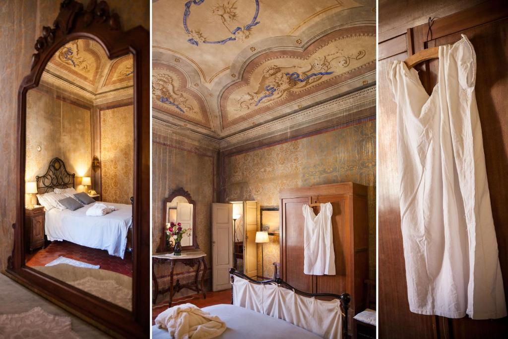 - deux photos d'une chambre avec un lit et un miroir dans l'établissement La Casa del Cavaliere, à Borgomaro