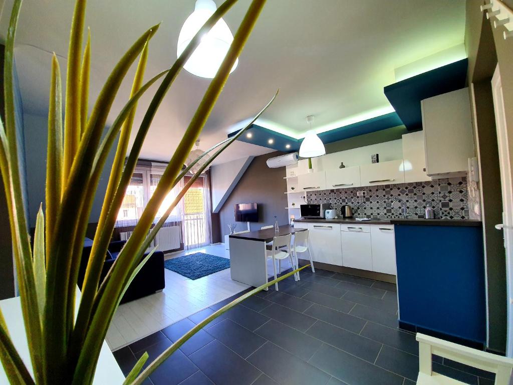 uma cozinha com armários brancos e um vaso de plantas em INTRO Apartman em Sárvár