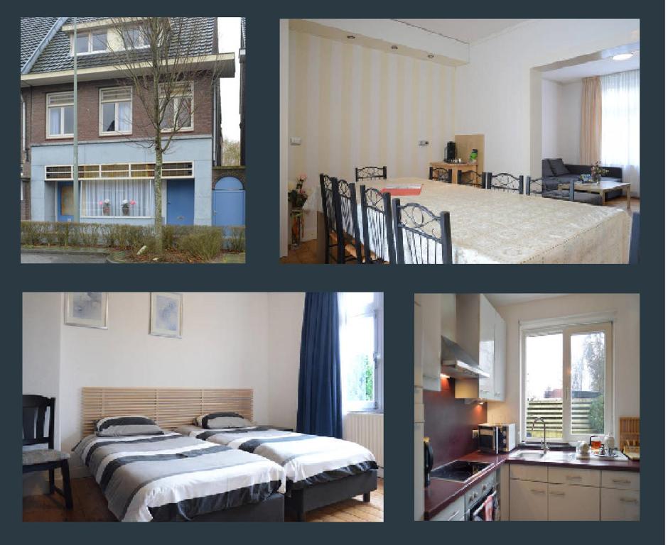 a series of four pictures of a room with beds at House Hommert Hoensbroek in Hoensbroek
