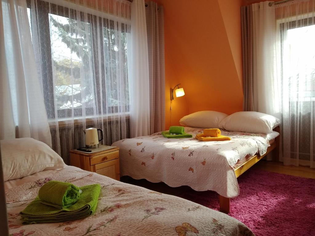 Apartamenty nad Młynówką في شوشولو: غرفة نوم بسريرين ونافذة