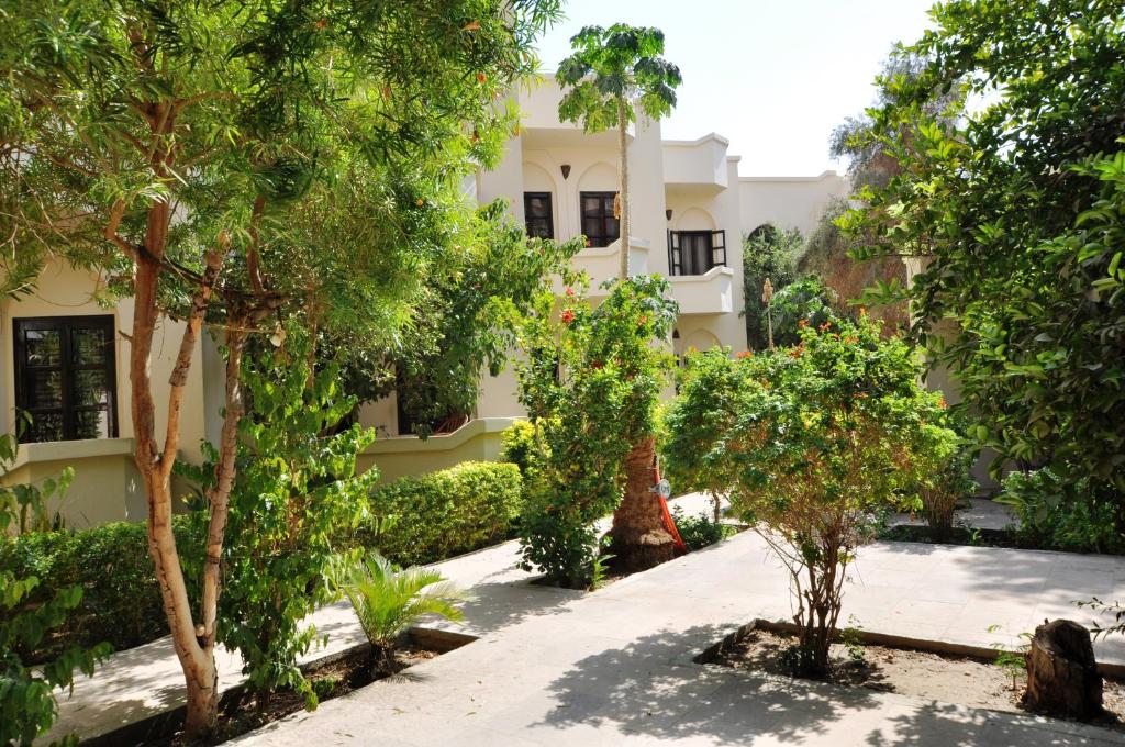 a courtyard in front of a building with trees at El Nakhil Hotel in Luxor