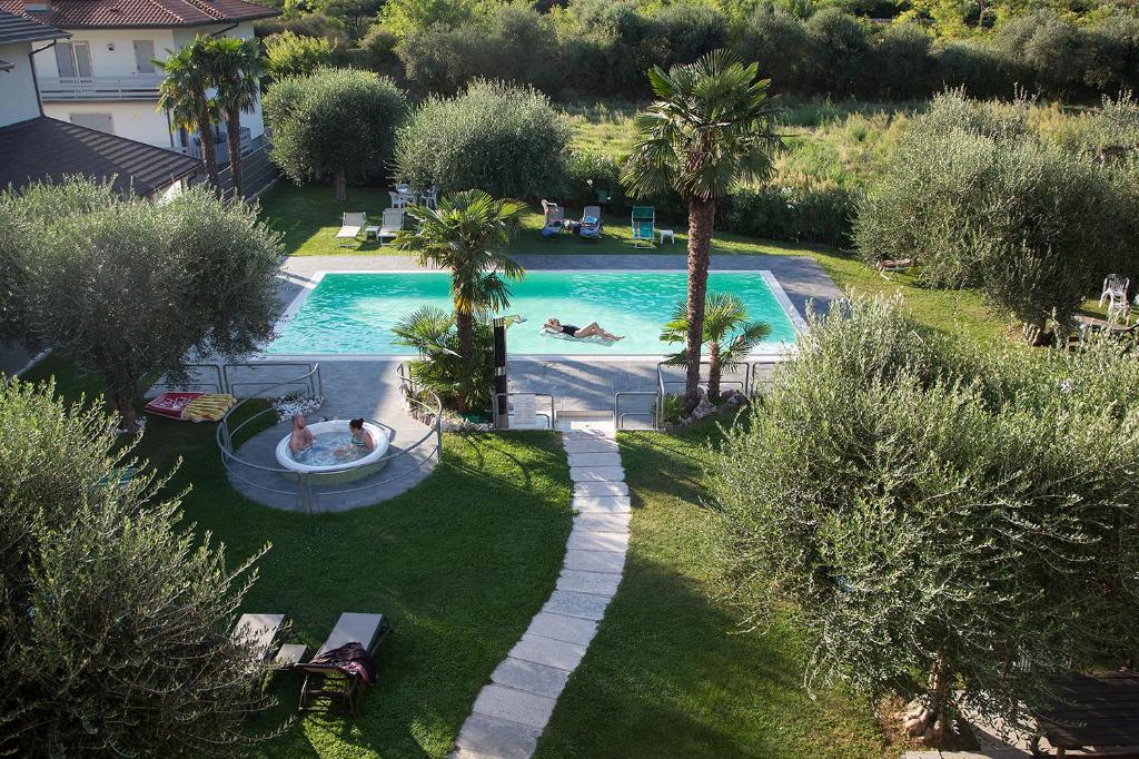 an overhead view of a swimming pool with palm trees at Park Hotel Eden in Nago-Torbole