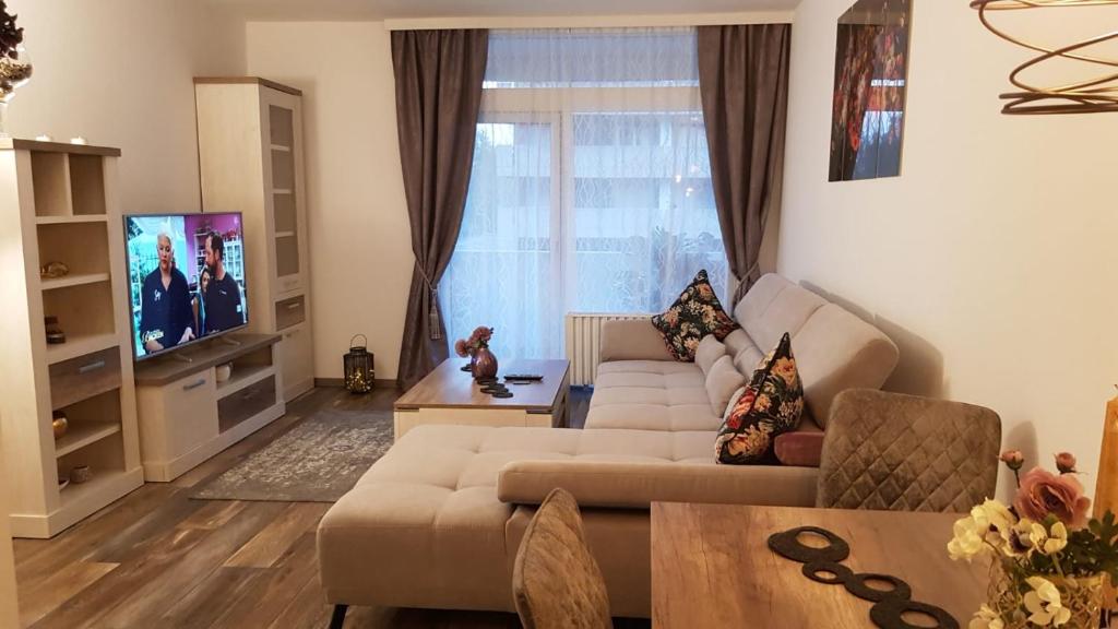 een woonkamer met een bank en een tv bij Ferienwohnung Univers 2 in Bad Harzburg