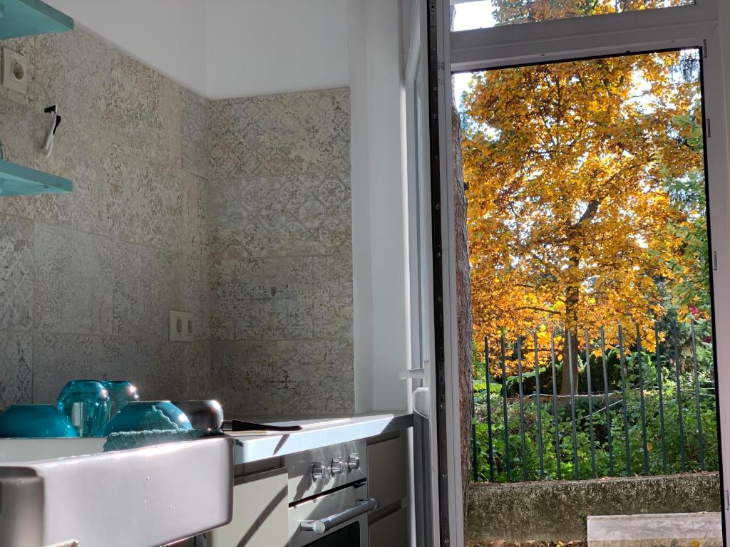 a kitchen with a sink and a window at Cosy apartman in green Buda in Budapest