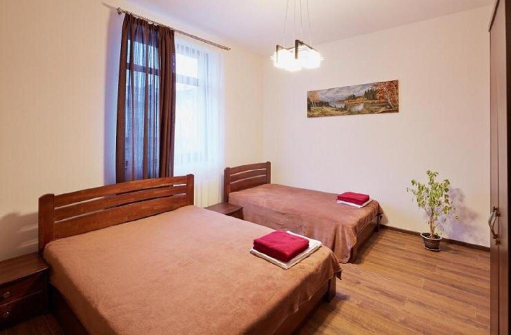リヴィウにあるApartment on Lychakivskaのベッド2台と窓が備わる客室です。