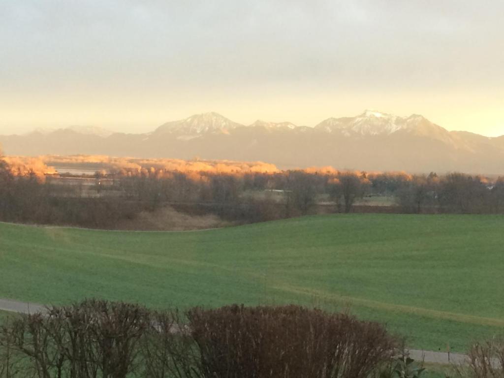 un campo verde con montañas al fondo en Ausblick - Auszeit, en Rimsting