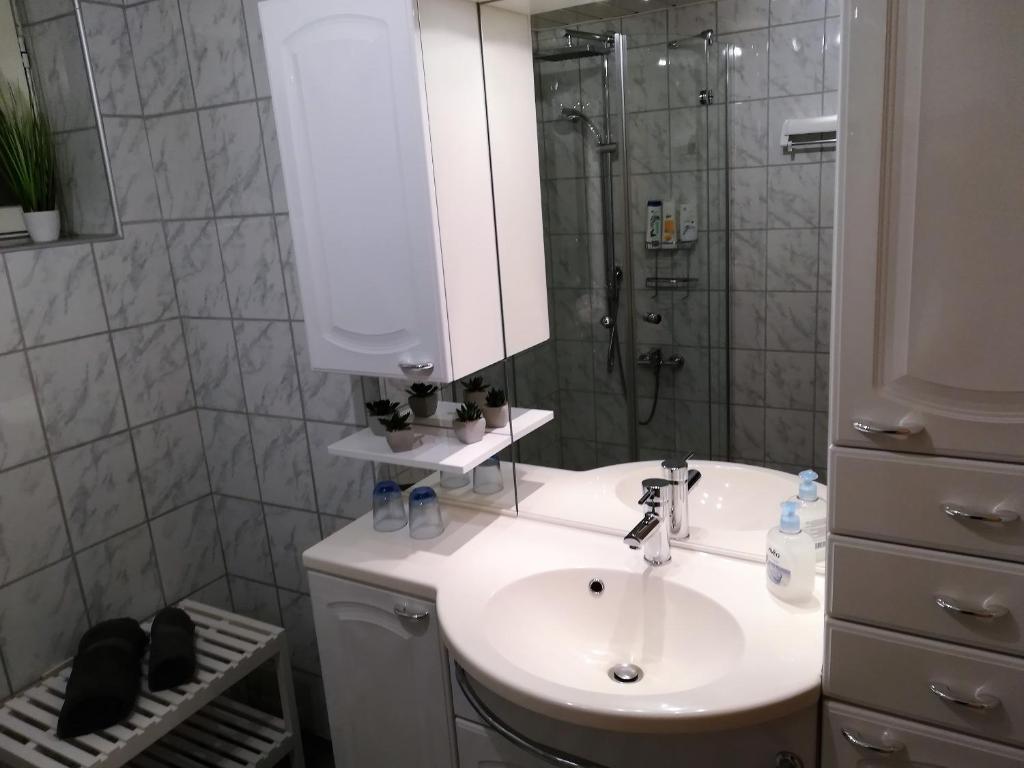 y baño con lavabo y ducha. en Ferienwohnung Nagy en Innsbruck