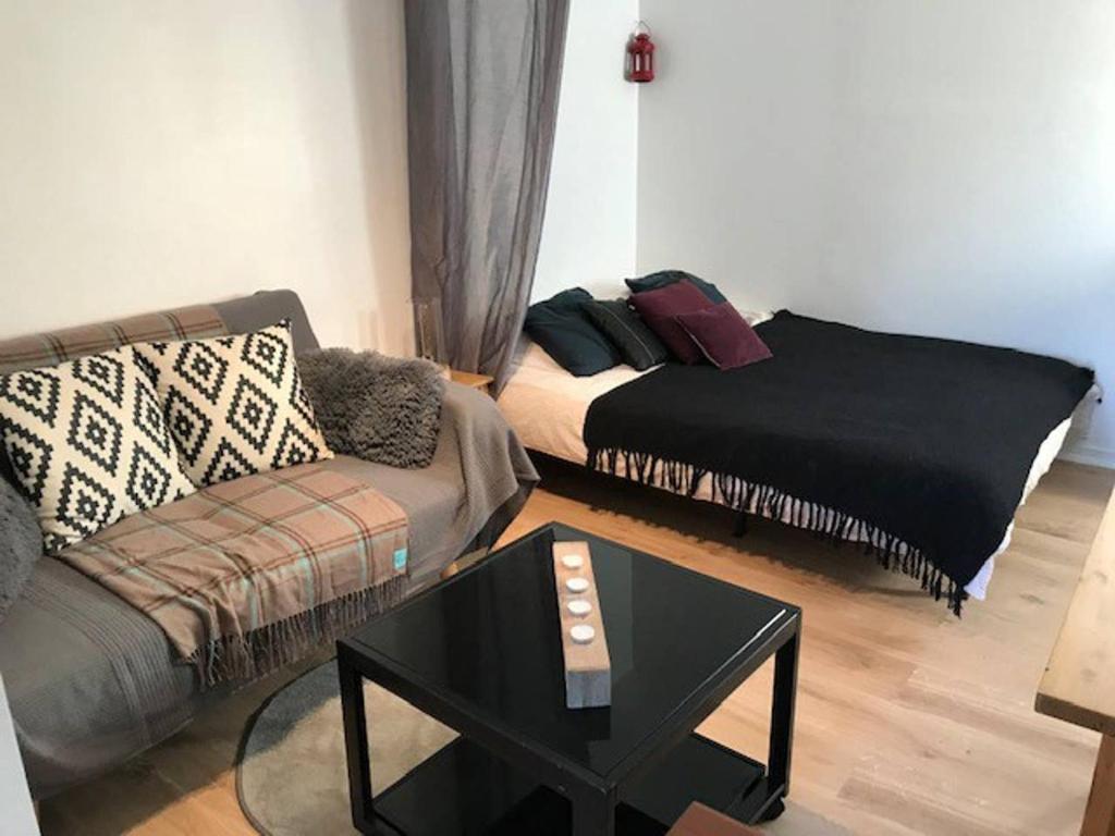 un salon avec un lit et un canapé dans l'établissement Studio indépendant près cap canaille avec terrasse, à La Ciotat