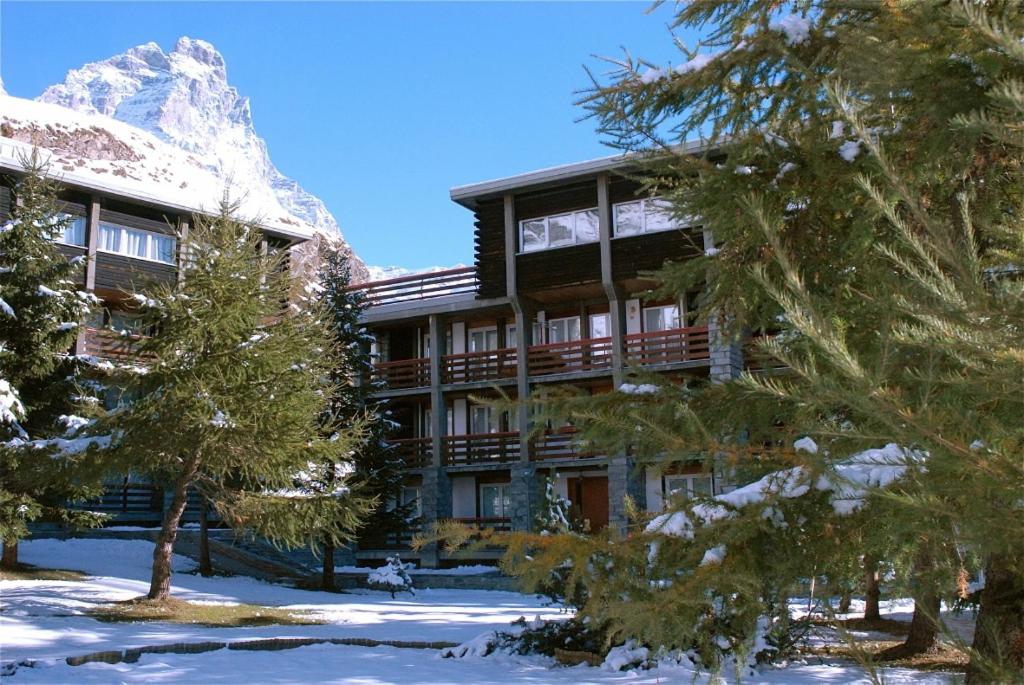 un grand bâtiment dans la neige avec des arbres devant dans l'établissement Oasi Budden 1 CIR 0095, à Breuil-Cervinia