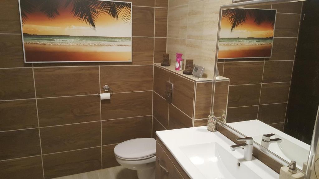 łazienka z umywalką, toaletą i lustrem w obiekcie Smaragd apartman w mieście Pecz