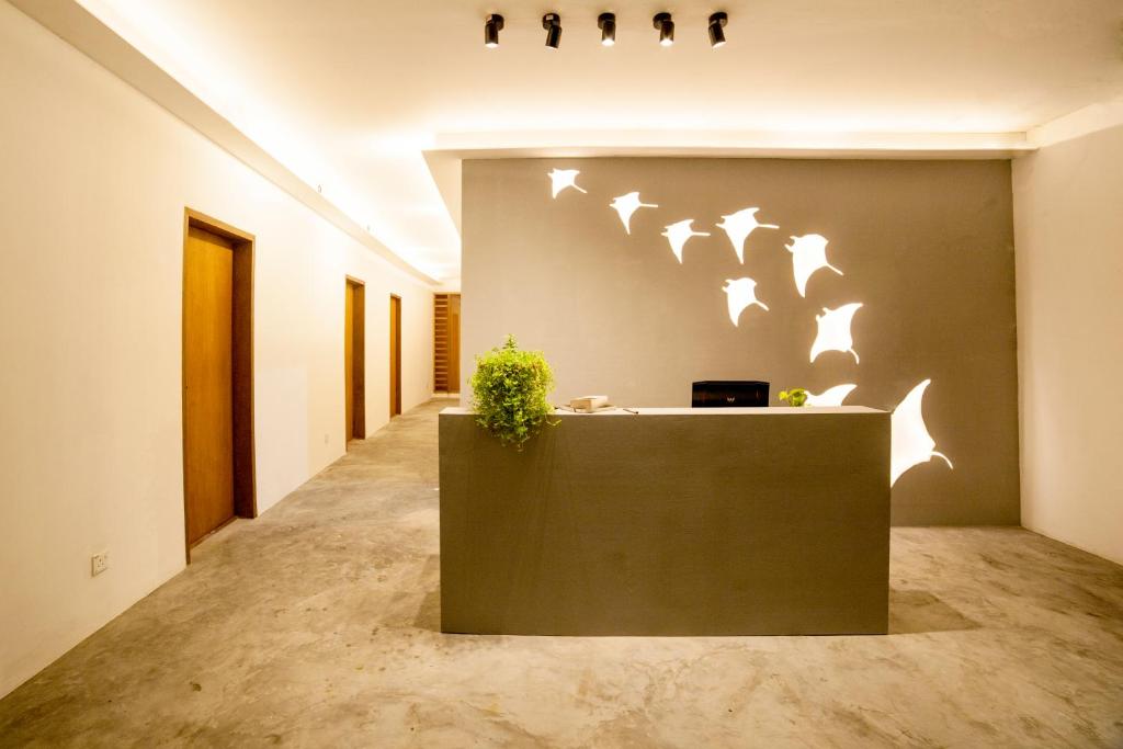 a lobby with a reception desk with bats on the wall at Island scuba inn in Dhangethi