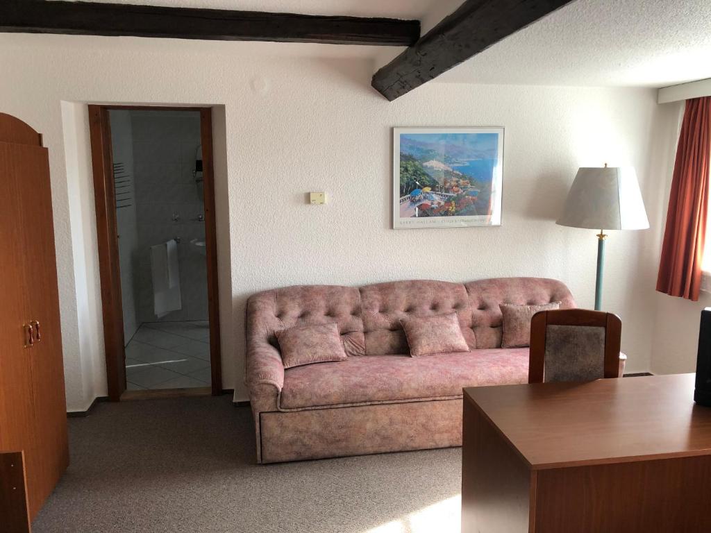 a living room with a pink couch in a room at Penzion Tamara in Vilémov